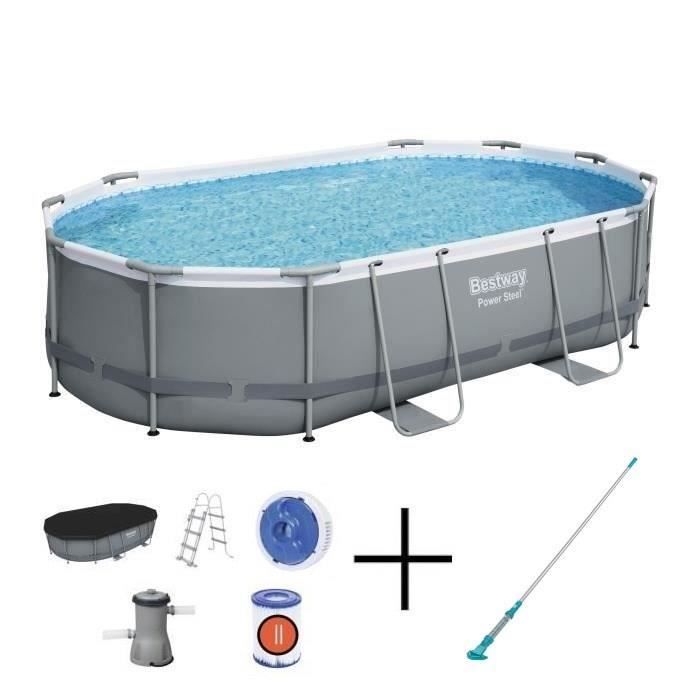 Kit Piscine hors sol tubulaire BESTWAY - Power Steel™- 488 x 305 x 107 cm - Ovale + Aspirateur électrique rechargeable Aquasurge™