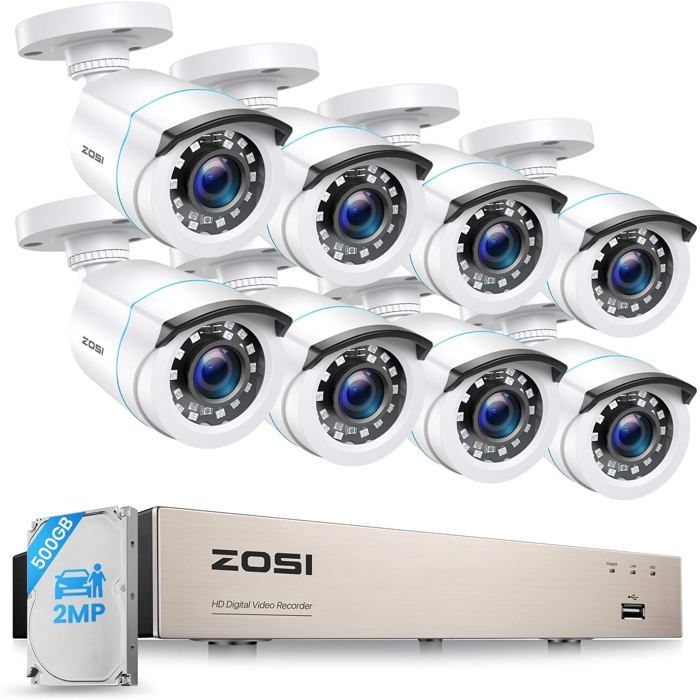 ZOSI 1080P 8CH DVR 500GB Wired Surveillance System + 8 Indoor/Outdoor Cameras with Smart Motion Detection, 24m IR