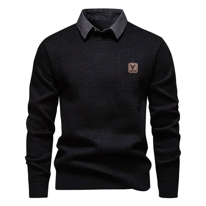 Maglione da uomo lavorato a maglia con colletto foderato in pile, caldo pullover a maniche lunghe, colore a contrasto - Nero