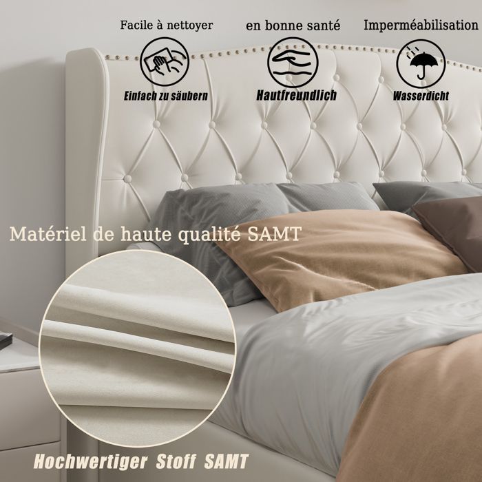 Lit coffre Lit rembourré avec levier hydraulique rangement Lit adulte 140x200 cm Structure de Lit 140 x 200 cm Lattes en Bois, Beige