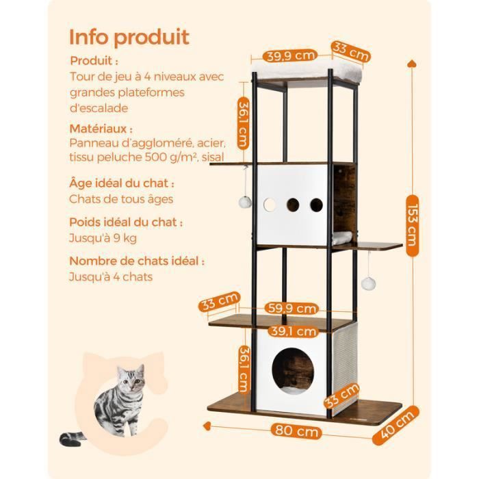 Árbol rascador para gatos, 153 cm, con postes rascadores, cojines extraíbles y lavables, plataformas grandes, color marrón rústico.