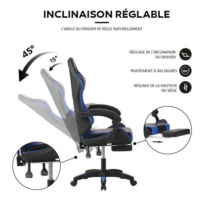Sedia da gaming - Poggiapiedi telescopico - Poggiatesta - Supporto lombare - Portata massima 150 kg - Blu