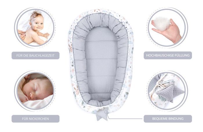 Babybettverkleinerer 90 x 50 cm – Handgefertigter Kokon aus grauem Waffelpiqué-Baumwollstoff mit Hasenmuster, beidseitig bezogen.