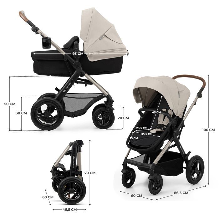 Poussette 3 en 1 Combinée Kinderkraft MOOV2 AIR, Système de voyage de la naissance à 27 kg, Siège auto Mink PRO I-Size inclus, Gris