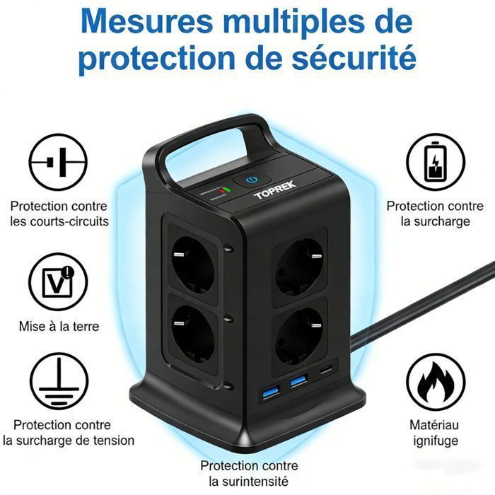 Tour Multiprise Parasurtenseur Parafoudre 8 Prises EU avec 3 USB-A Ports - Cordon de 2m avec Interrupteur - 16A/4000W  - Noir
