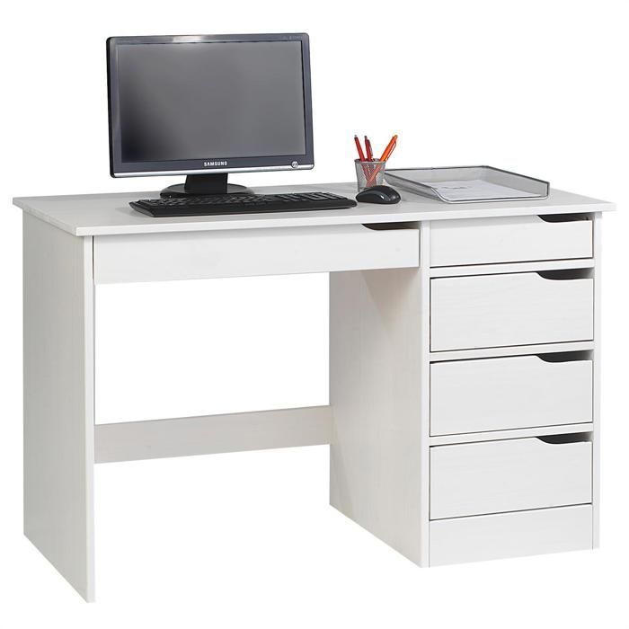 Bureau HUGO avec rangement 5 tiroirs style scandinave en pin massif lasuré blanc