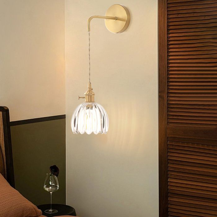 DLGLOLIN Applique Murale en Verre Transparent Vintage avec Fil, Lampe Murale Forme de Fleur Tulipe E27 Luminaire pour Chambre Salon