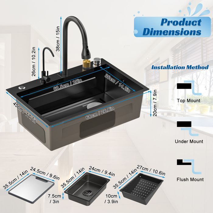 Black stainless steel waterfall kitchen sink, 1 bowl bar sink with integrated cup rinser - undermount with numerous accessories