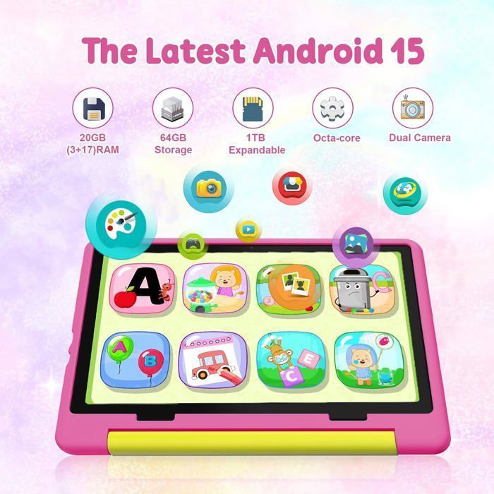 Tablette Enfant 10'' Android 15, 64Go ROM Extensible à 1To, Contrôle Parental, inclut Clavier, Stylet et Étui de Protection, Rose
