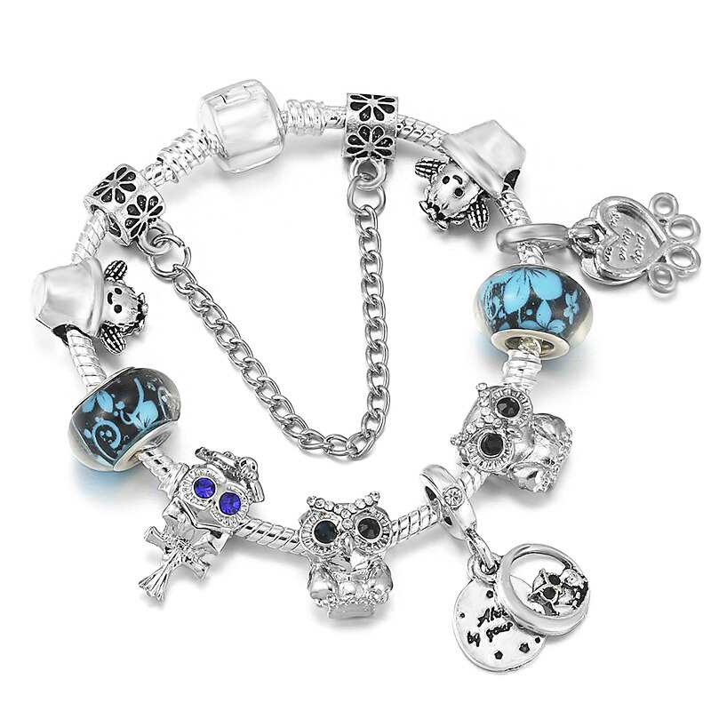 New Arrival: Silver-Tone Crystal Bracelet with Beautiful Owl Charm and Cactus Beads – Jewelry Gift for Men and Women