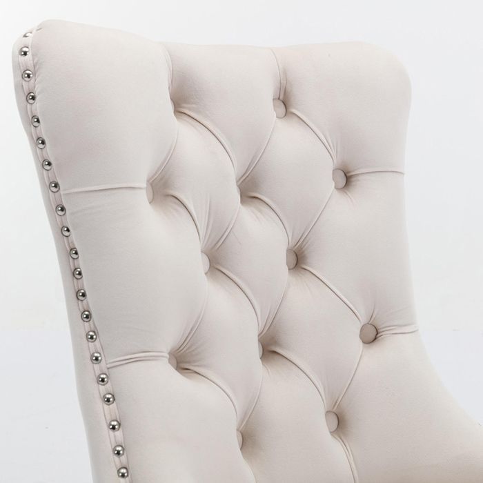 Lot de 2 Chaise de salle à manger, bois massif capitonné, velours, pieds chromés, garniture à clous, beige et chrome
