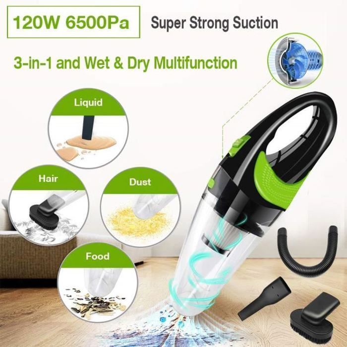 Potente aspiradora para coche de 6500 PA y 120 W, inalámbrica para uso en seco y húmedo, y portátil para el hogar y la oficina.