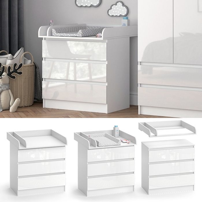 Commode à langer Emma 80x87cm avec 3 tiroirs blanc/blanc brillant Blanc Haute brillance Vicco 51740