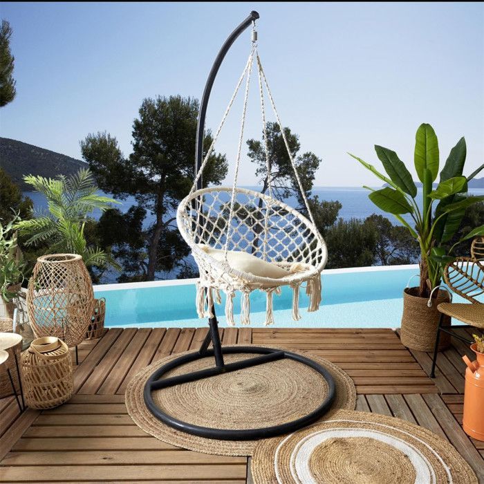 Sedia a dondolo - Home Deco Factory - Macramè - Stile bohémien - Beige