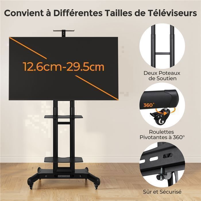 Soporte de TV independiente - 3 estantes - 2 barras, altura ajustable - Compatible con pantallas de 32 a 75 pulgadas (LCD/LED/Plasma), VESA máximo 600x400 mm, YAHEETECH