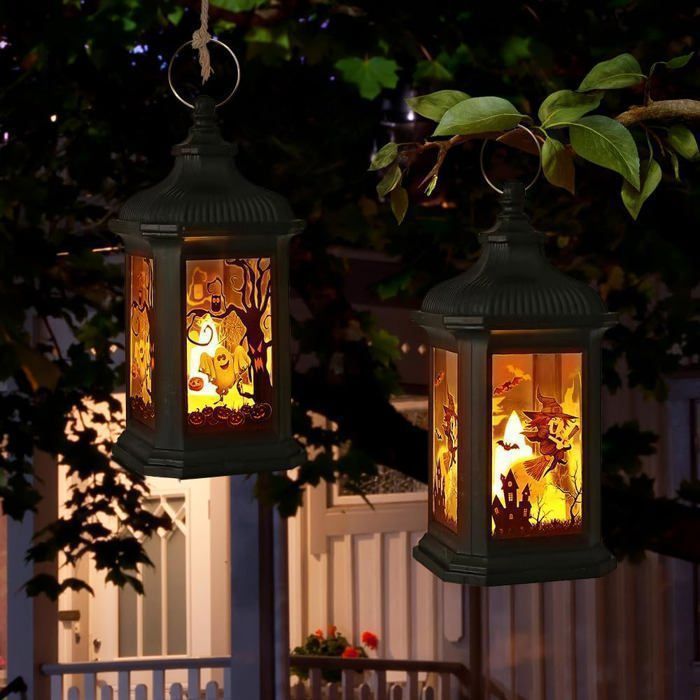 3 farolillos LED de Halloween con forma de vela, farolillos colgantes de Halloween con forma de castillo fantasma para decoración de fiestas al aire libre.