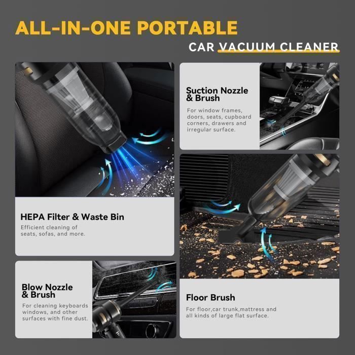 Aspirateur a Main 120w avec Hepa Filtre - Aspirateur Voiture Puissant sans Fil - HYKJSIDE - 16000Pa - Affichage Led - 6000mAh Noir