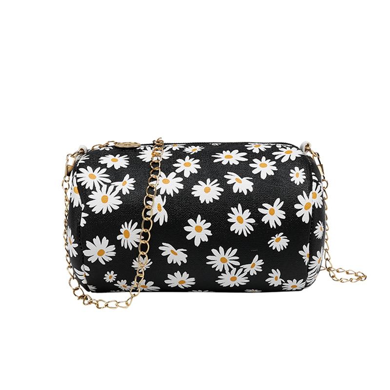 Tendenza moda 2020 Donna Borsa a tracolla con stampa margherite, tracolla regolabile a catena, forma cilindrica, borse casual color caramella