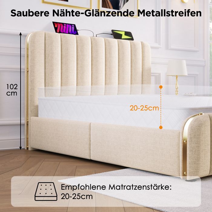 Cama tapizada de 180x200 con 4 cajones - Cabecero con carga USB Tipo-C - Ribete dorado - Base de láminas - Ropa de cama beige