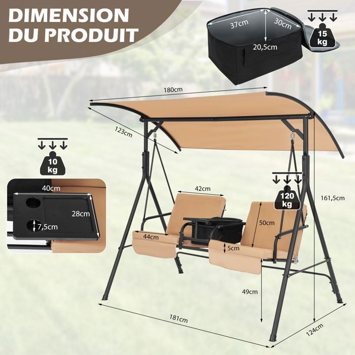 GOPLUS Balancelle de Jardin 2 Places 181x124x161,5CM-Inclinable Ajustable avec Glacière-Plateau Rotatif à 360°-Porte-gobelets