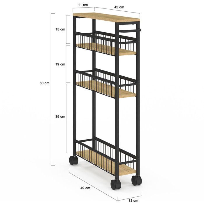 Carrito de cocina que ahorra espacio DETROIT de 4 niveles con ruedas, diseño industrial