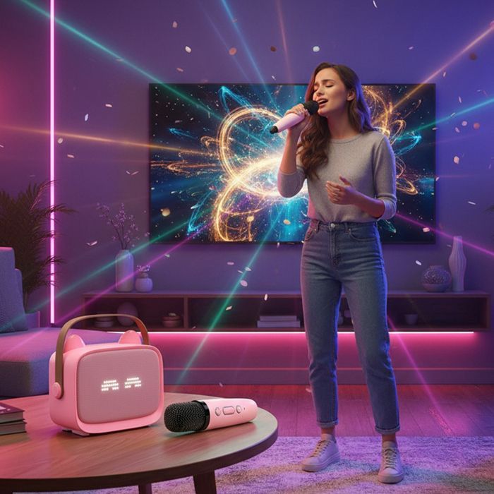 Kids Karaoke Kit - Portable Bluetooth Speakers - with 2 Wireless Microphones - LED Light Effects