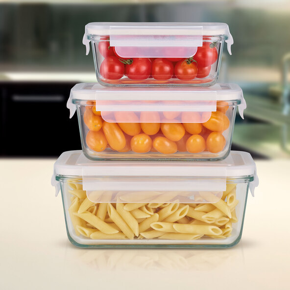 Glass food storage container set, transparent