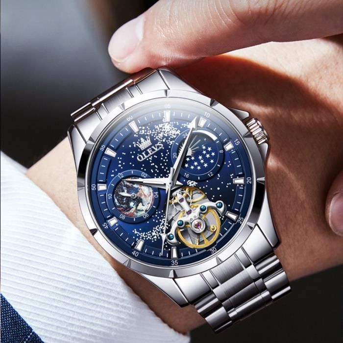 Montre homme de marque de luxe mécanique automatique chronographes affichage des phases de la lune multifonction bracelet en acier