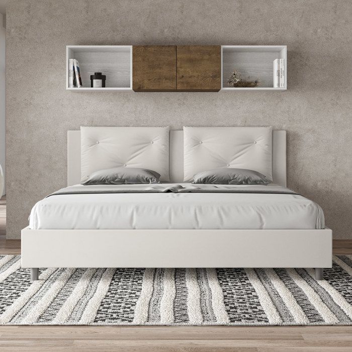 Cama king size con almacenamiento - Ityhome - Appia - Piel sintética blanca - 200x200 cm - Cabecero tapizado