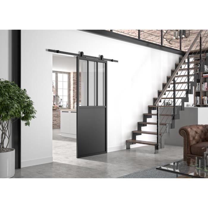 Kit de puerta corredera OPTIMUM ATELIER, negro + riel visto - 204 x 83 cm - cristal transparente