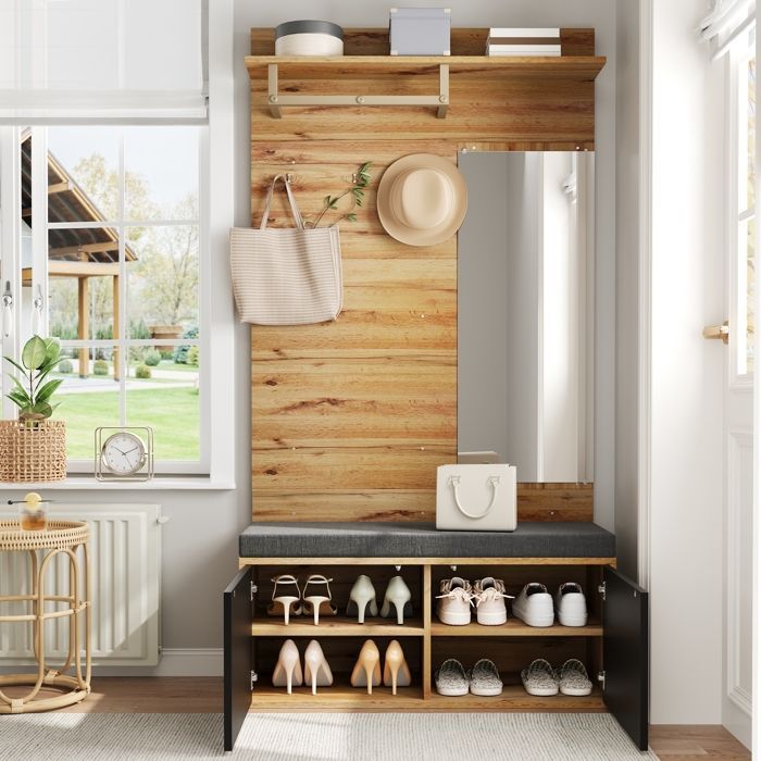 Mueble de recibidor de madera de 100x38x190 cm con perchero, espejo, banco tapizado, zapatero y estantes - Negro+Natural