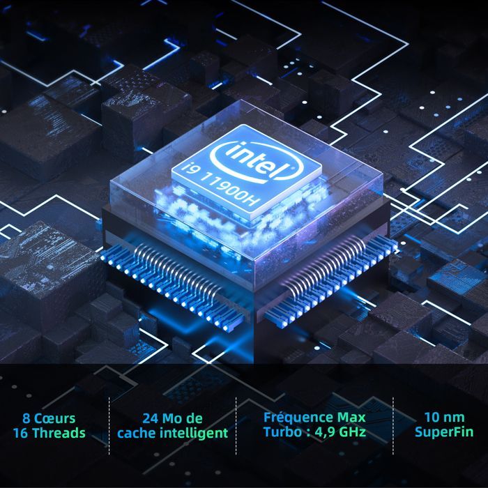 Mini PC Windows 11 Pro - Intel i9-11900H (8 núcleos/16 threads, 4,9 GHz), 16 GB DDR4, 512 GB NVMe, tela tripla 4K, duas portas LAN de 2,5 Gbps, USB-C