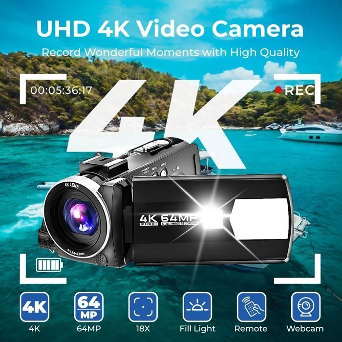 Câmera de vídeo CAMPARK 4K de 64MP para vlogs, tela giratória de 3