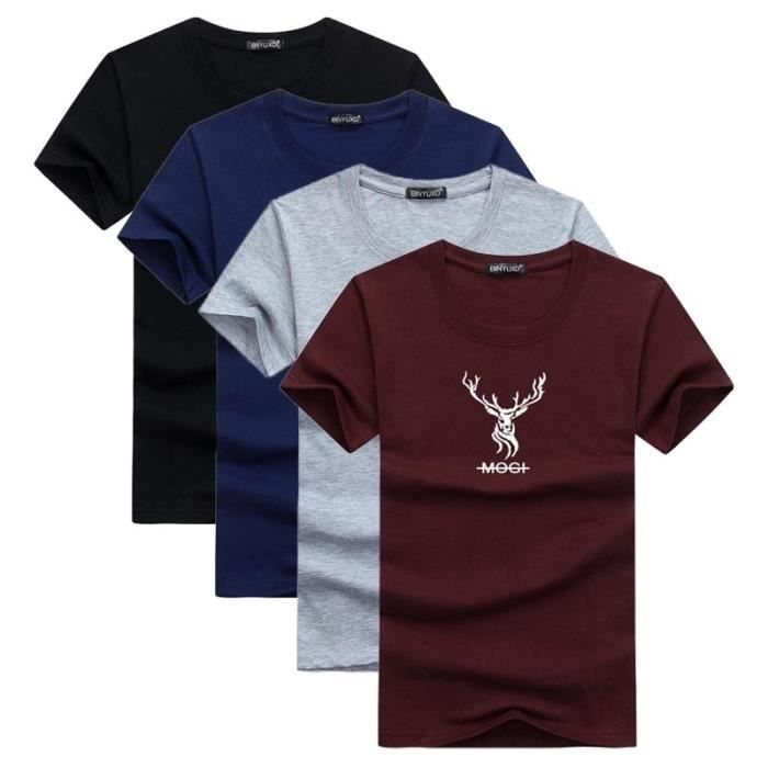 Paquete de 4 camisetas de manga corta para hombre, de cuello redondo, informales, estampadas y de corte recto, ideales para el verano: negro, azul, gris y burdeos.