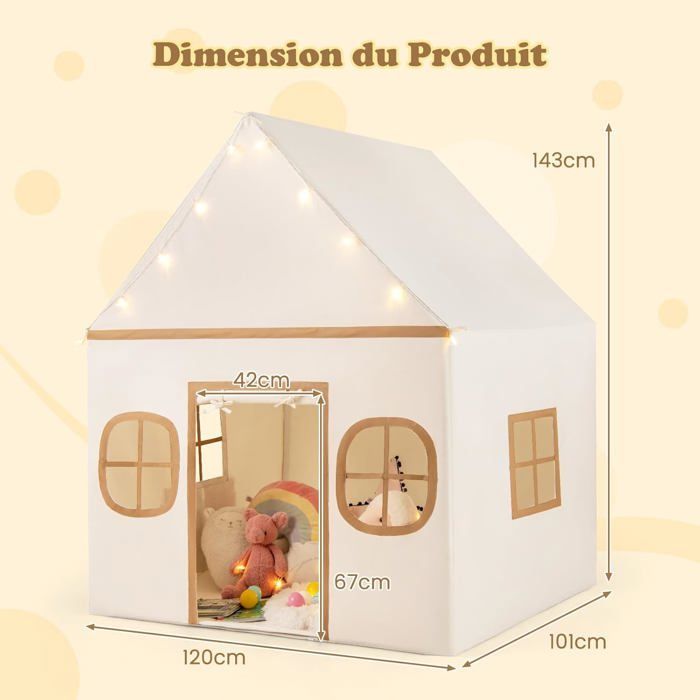 Tienda de juegos infantil COSTWAY con 4 ventanas y luces de estrellas, alfombra antideslizante y algodón lavable, para niños de 3 a 10 años, color gris.