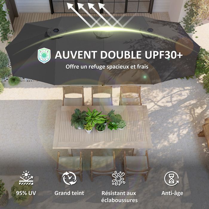 Parasol de jardin double - Outsunny - 4 x 2,2 x 2,3 m - rectangulaire - ouverture fermeture manivelle - toile 180 g/m² - gris foncé