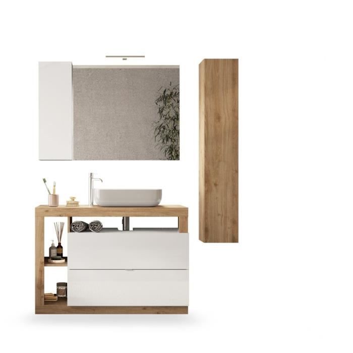 Bathroom vanity unit 110cm with single sink + tall cabinet - Light oak and white lacquer finish - HAMBURG