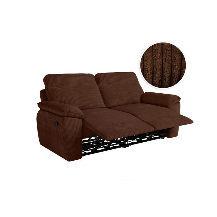 Sofá reclinável manual ROSS de 3 lugares em veludo cotelê - Marrom - L200 x P100 x A102cm - LOUNGITUDE