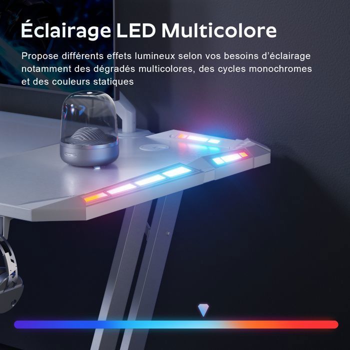 Bureau Gaming - HLONONE - 140 x 60 cm - Résistant à la rayure - Ergonomique - LED Blanc
