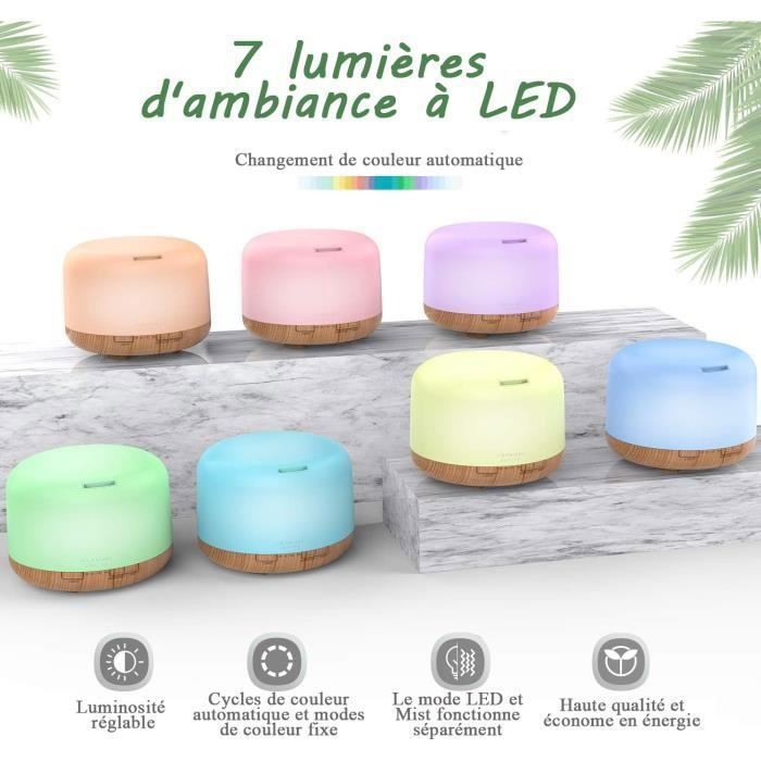 500ML Essential Oil Diffuser Humidifier with 7 LED Colors, Timer and Control, Diffuser with 6 Essential Oils