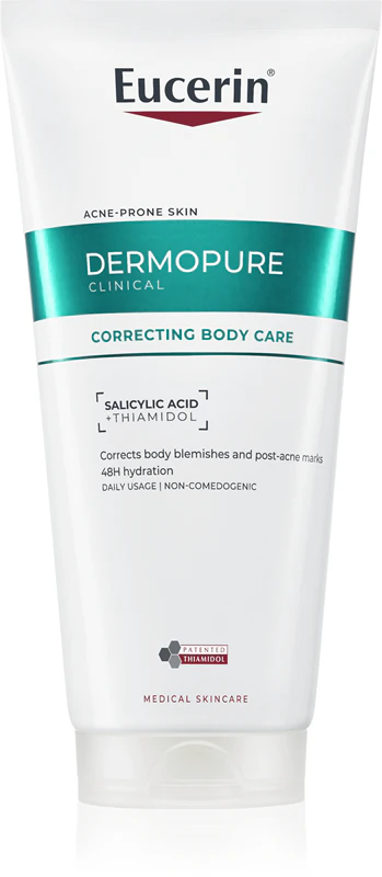 Eucerin DermoPure Clinical Correcting Body Care, creme corporal para pele com tendência acneica.