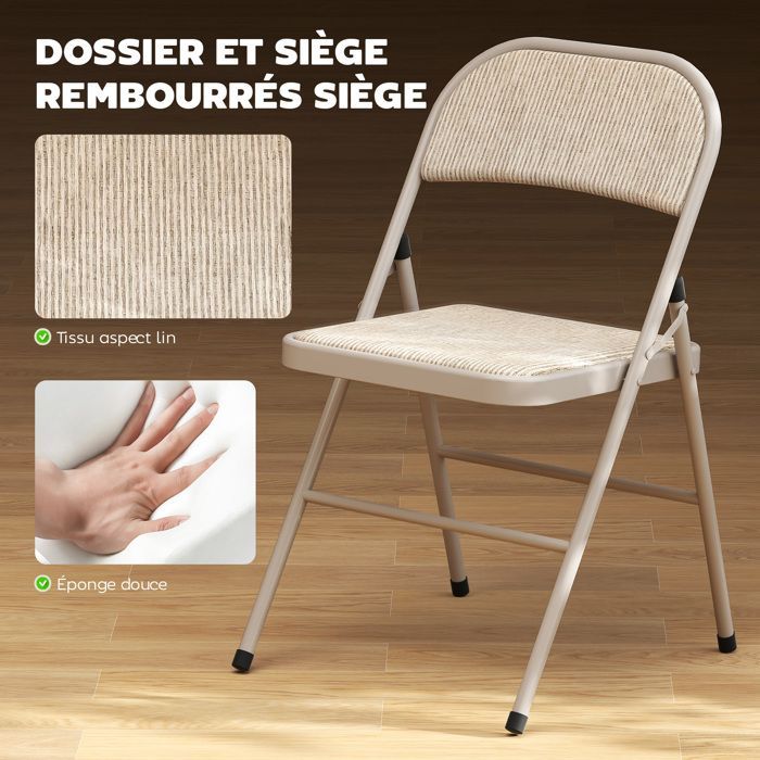 Conjunto de 2 cadeiras dobráveis HOMCOM, cadeiras de jantar portáteis com almofada de linho e estrutura de aço bege.