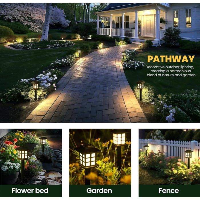 Lot de 12 lampes solaires LED d'extérieur étanches – 10 heures d'éclairage – Balises solaires pour allée de jardin/cour/terrasse