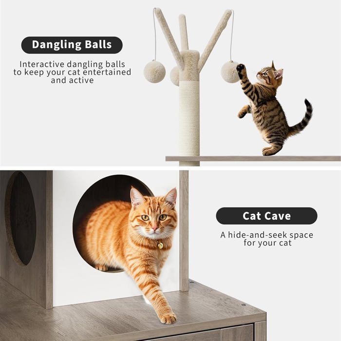 Árbol para gatos con arenero, unidad de baño de madera con torre para gatos, poste rascador, percha y plataformas - Gris