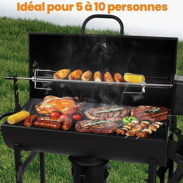 Barbecue Charbon de Bois avec Tournebroche Électrique, Chariot avec Couvercle,Thermomètre, 2 Tablettes Pliantes, Tiroir à Cendres