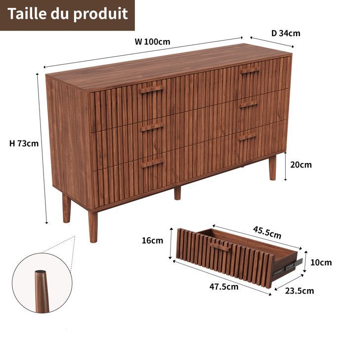 Cómoda de 6 cajones - Mueble de almacenamiento - Estilo escandinavo - Cómoda para dormitorio de adulto - Muebles para baño/sala de estar - 100x34x73cm - Marrón