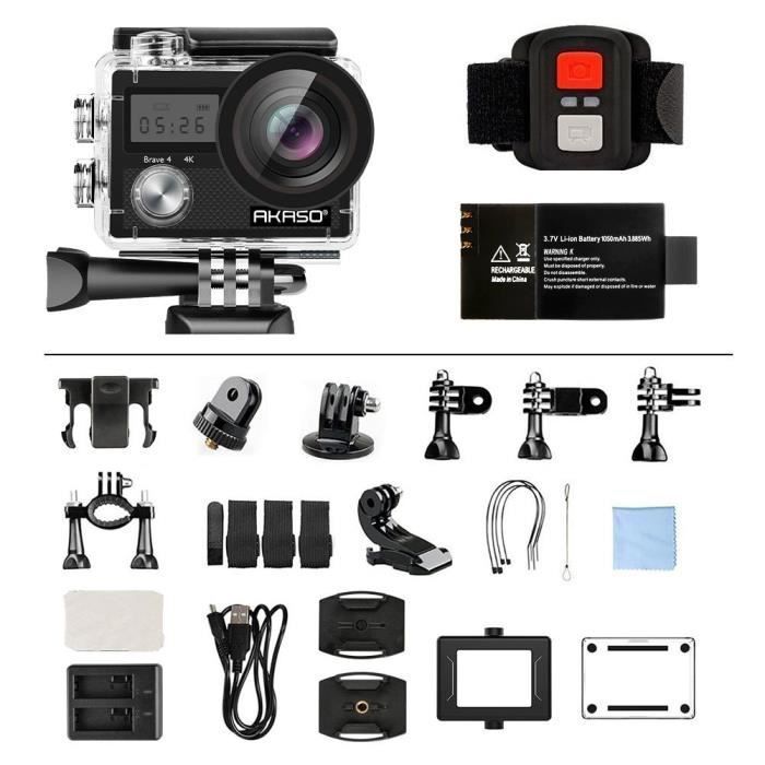 AKASO Caméra Sport Etanche Brave 4 4k WiFi 20MP Action Cam, Caméscope Ultra HD Écran LCD Grand Angle 170° EIS 30M sous-Marine 2.4GO