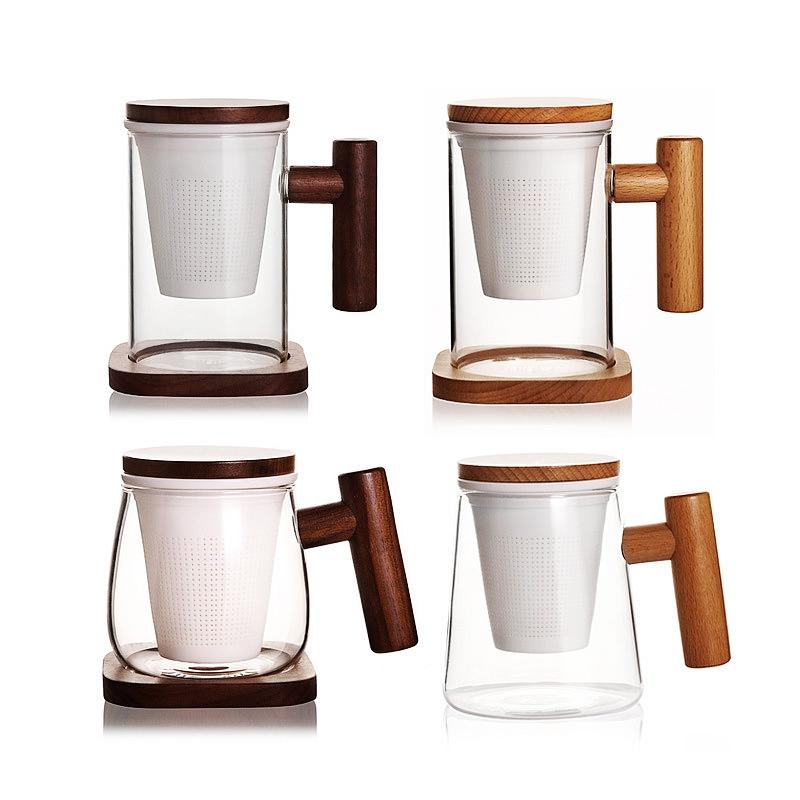 Mug créatif haut de gamme de 300 ml en verre transparent avec poignée en bois, motif floral, idéal pour le bureau ou le café.