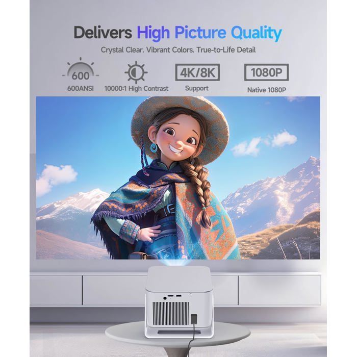 Vidoprojecteur 4K Portable - SUTEO - HY350MAX - 1080P Natif - Compatible 4K/8K - Wi-Fi 6 - Bluetooth 5.4 - Android 14