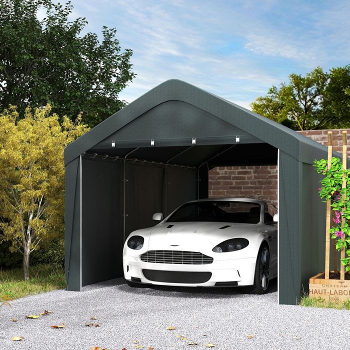 Abri voiture extérieur - Outsunny - parois latérales amovibles, 2 portes zippées enroulables - PE et acier - 3 x 6 m - gris